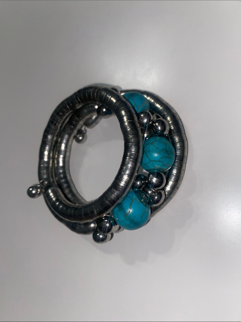 Turquoise Beaded Coil Bracelet - Silver Tone - Picture 4 of 4